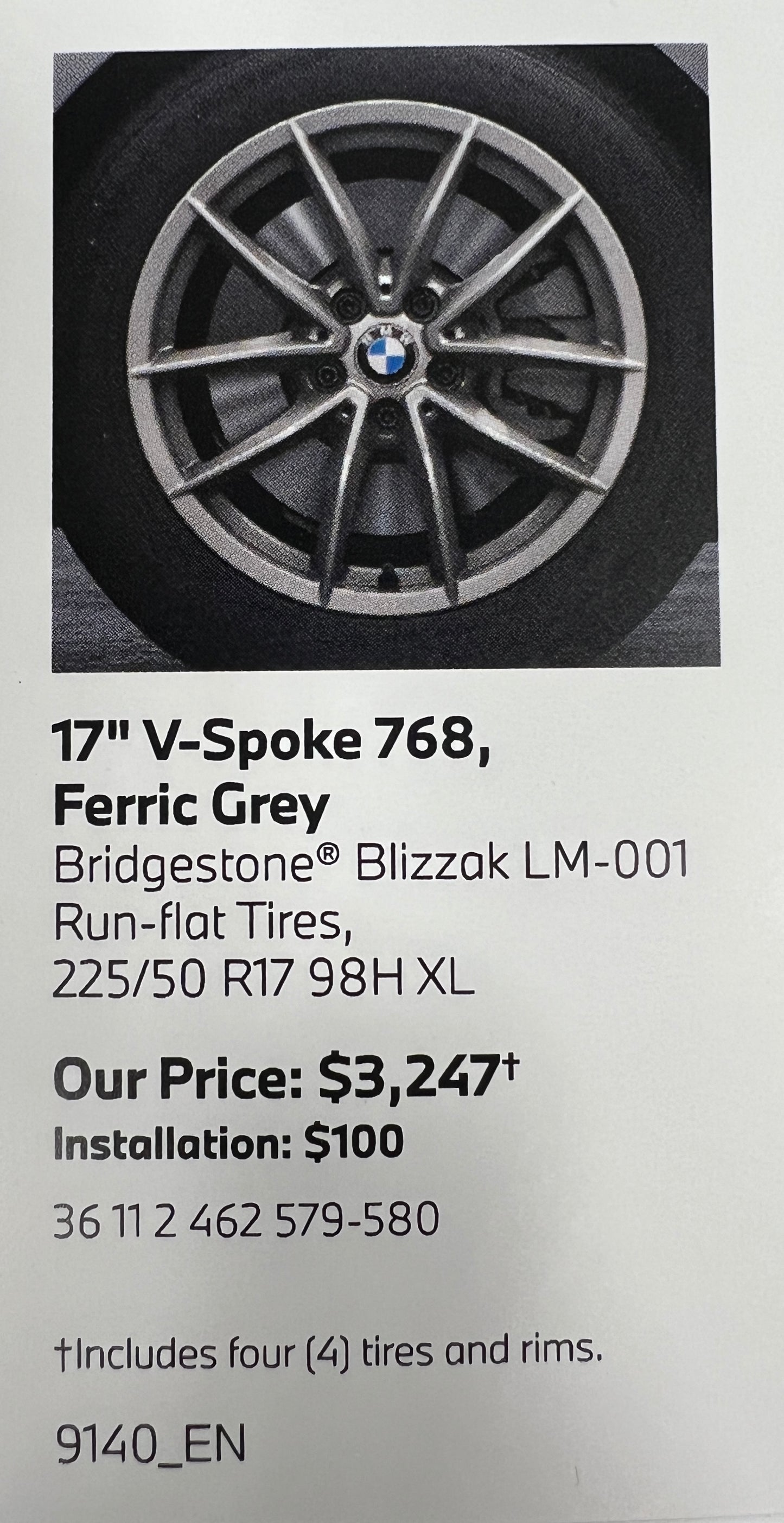 17” BMW Style 768 wheels and 225/50R17 Bridgestone Blizzak winter tires